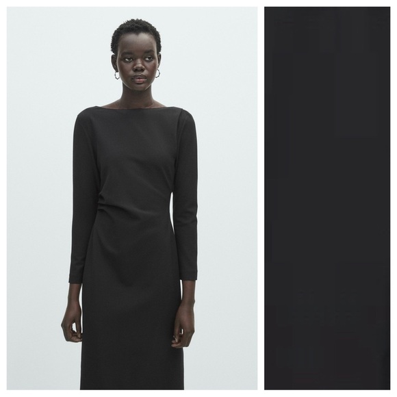 NWT. Massimo Dutti Black Wool Blend Midi Dress with Gathered Side. Size S. - Picture 2 of 11